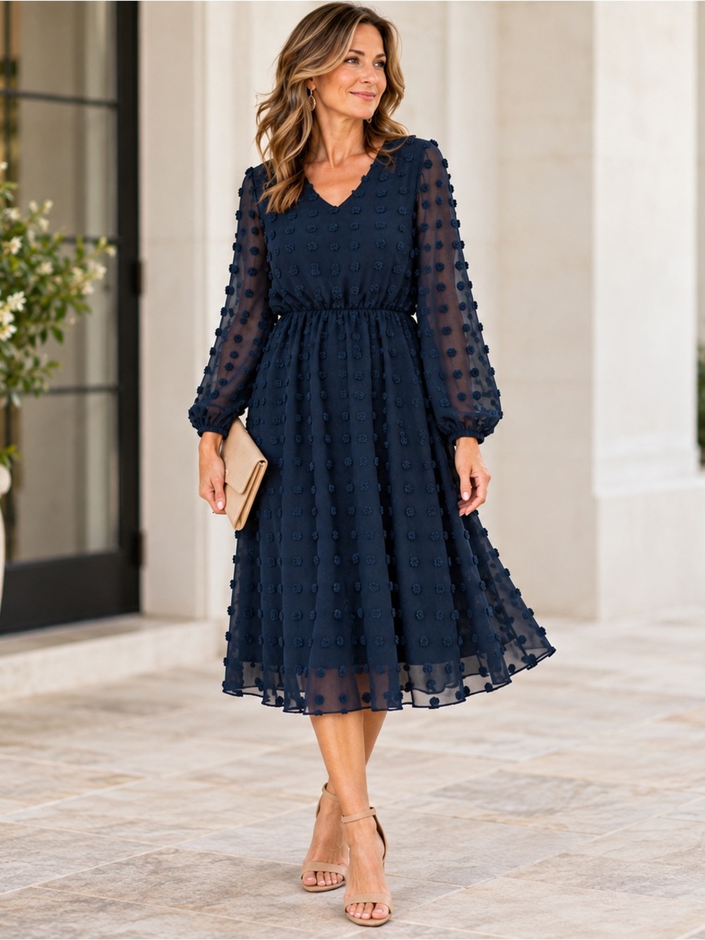 Kirundo Navy Textured Chiffon Midi Dress Sheer Sleeve Boho Size Small